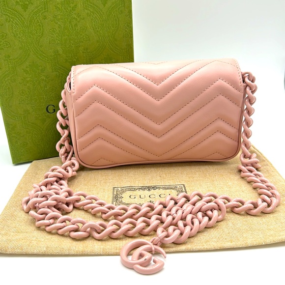 Gucci Calfskin Matelasse Monochrome GG Marmont Chain Belt Bag Perfect Pink - Picture 8 of 16